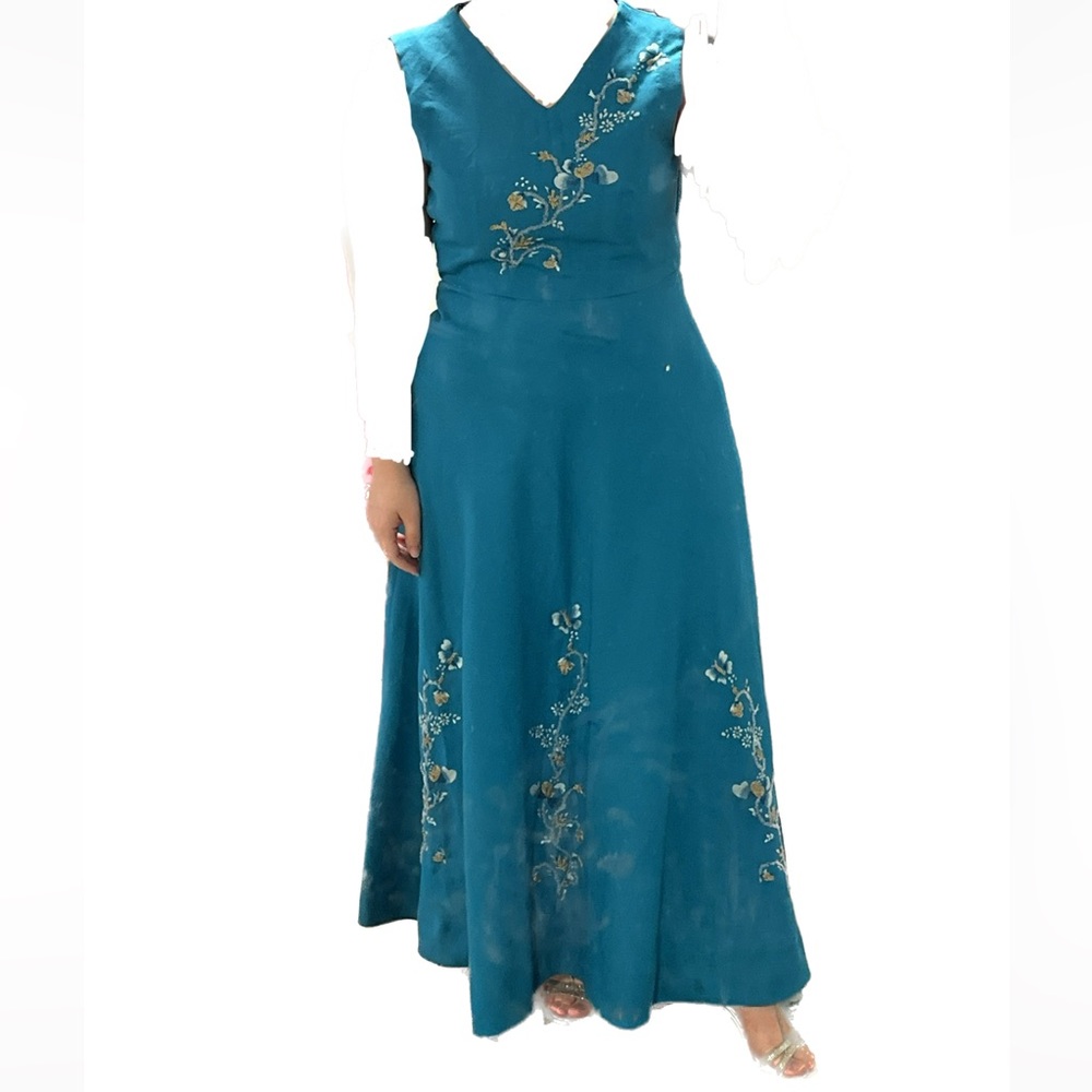 Vintage 70’s Maxi Embroidered Turquoise Sleeveless Dress - Picture 9 of 9